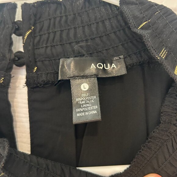 Aqua Black & Gold Metallic Mock Neck Ruffled Long Sleeve Dress Size L - Picture 2 of 4